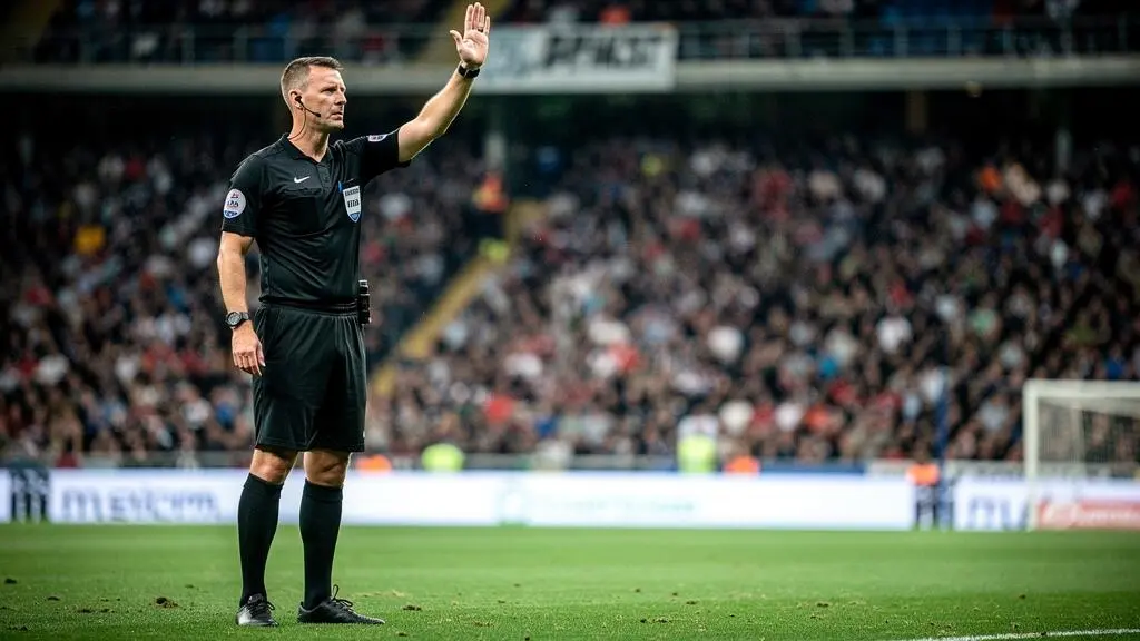 Arbitre de football au centre du terrain, bras levé pour signaler une decision, stade en arriere-plan flou