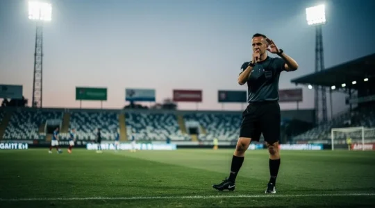 Arbitre de football prenant une decision VAR en quelques secondes dans un stade au crepuscule