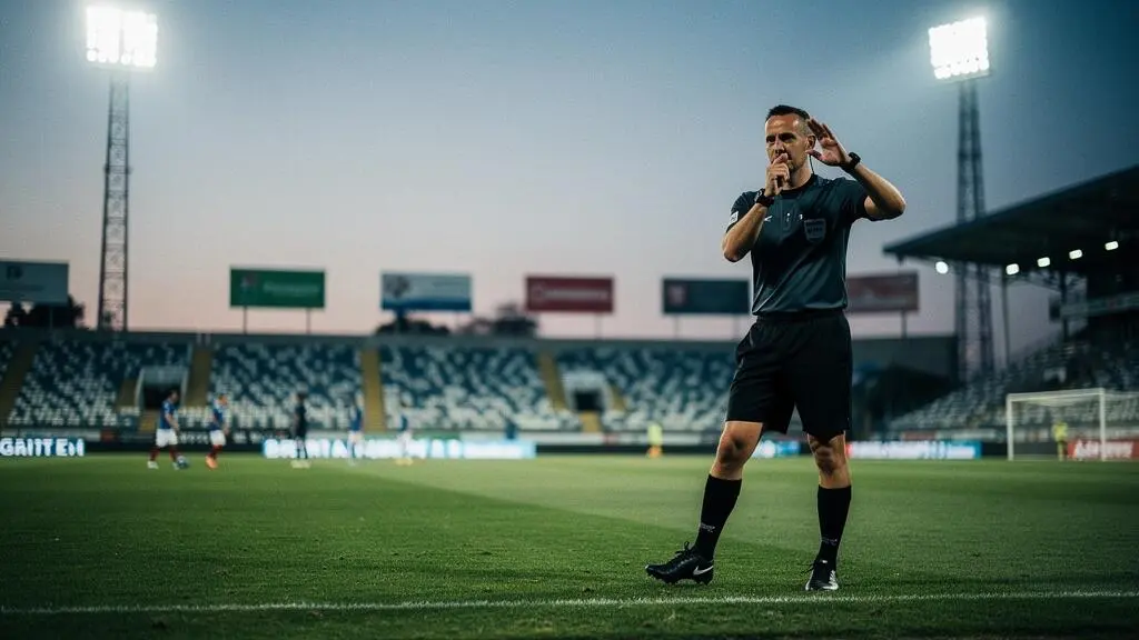 Arbitre de football prenant une decision VAR en quelques secondes dans un stade au crepuscule