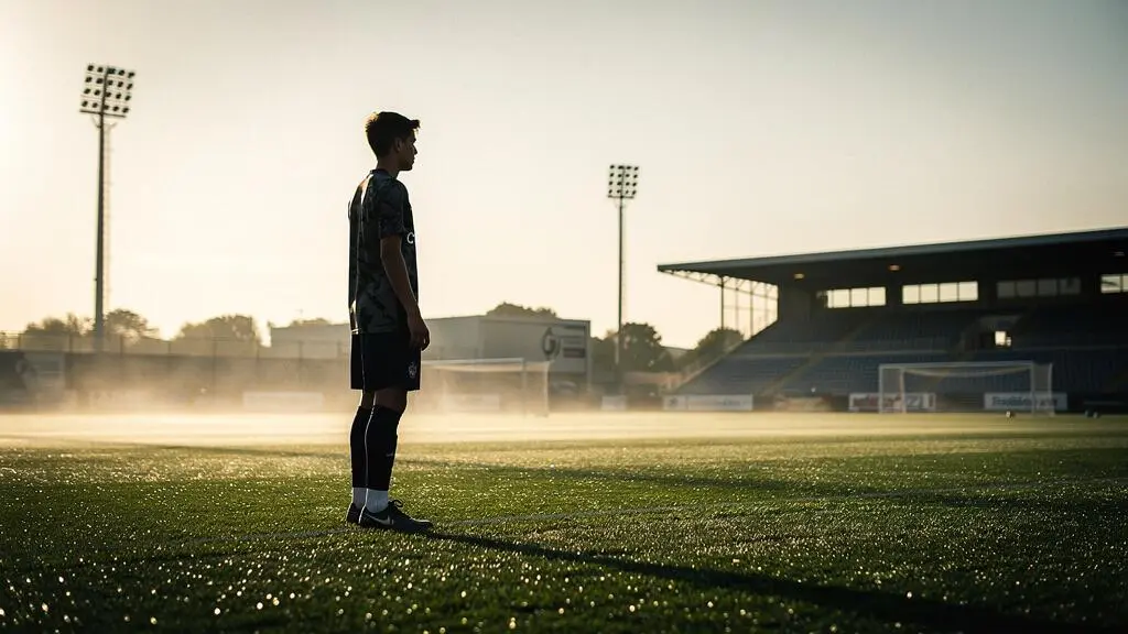 Jeune footballeur silhouette sur un terrain d'entrainement francais au lever du jour, symbole de la formation de talents