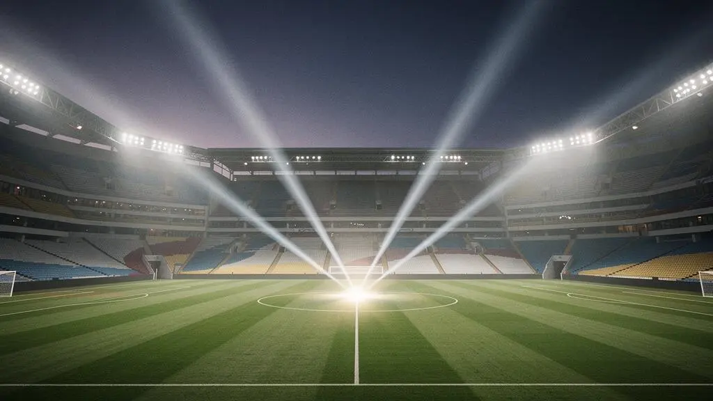 Stade de football majestueux baigné de lumière dorée, symbolisant les critères qui désignent les vrais favoris de la Ligue des Champions
