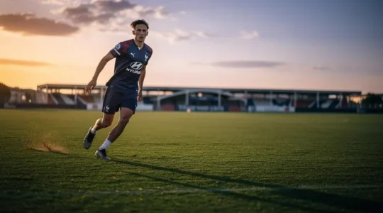 Jeune footballeur de Ligue 1 s'entraînant seul sur une pelouse au crépuscule, symbole de sa trajectoire de valorisation sportive.