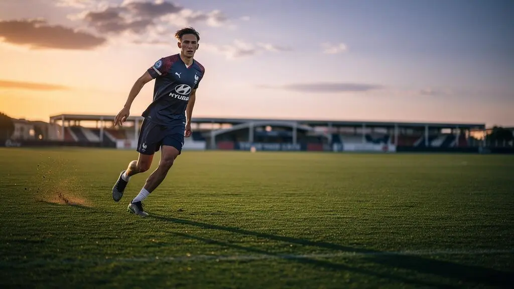 Jeune footballeur de Ligue 1 s'entraînant seul sur une pelouse au crépuscule, symbole de sa trajectoire de valorisation sportive.