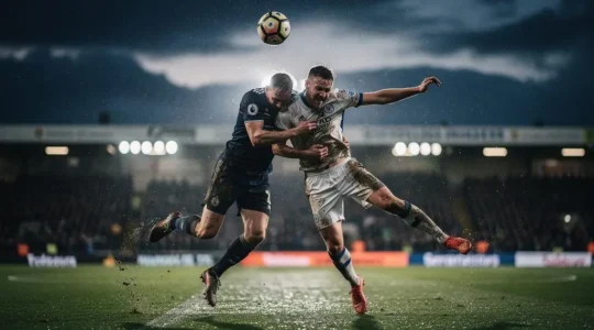Deux joueurs de football en plein duel intense pour le ballon sous les projecteurs d'un stade, image symbolisant l'intensite de la Premier League