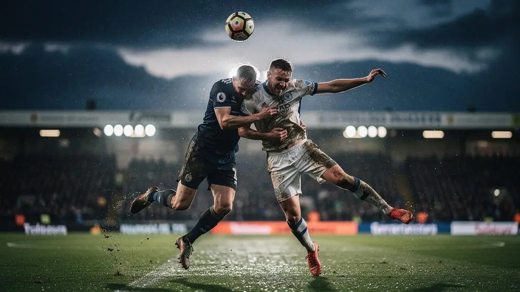 Deux joueurs de football en plein duel intense pour le ballon sous les projecteurs d'un stade, image symbolisant l'intensite de la Premier League