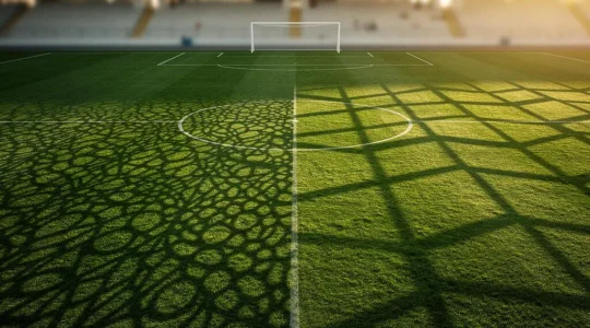 Illustration symbolique d'un duel tactique entre le style de jeu espagnol et italien sur un terrain de football au crépuscule