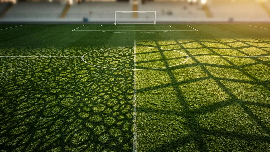 Illustration symbolique d'un duel tactique entre le style de jeu espagnol et italien sur un terrain de football au crépuscule