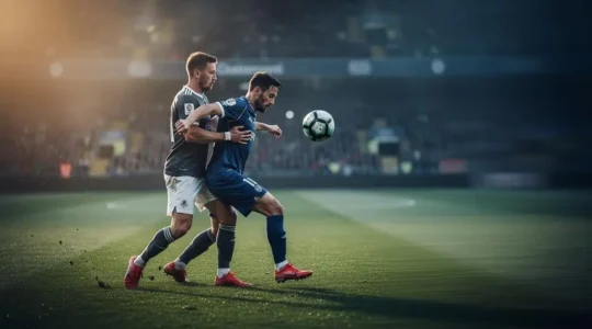 Deux joueurs de football engagés dans un duel tactique intense sur la pelouse, symbolisant la différence entre un match disputé et un match spectaculaire