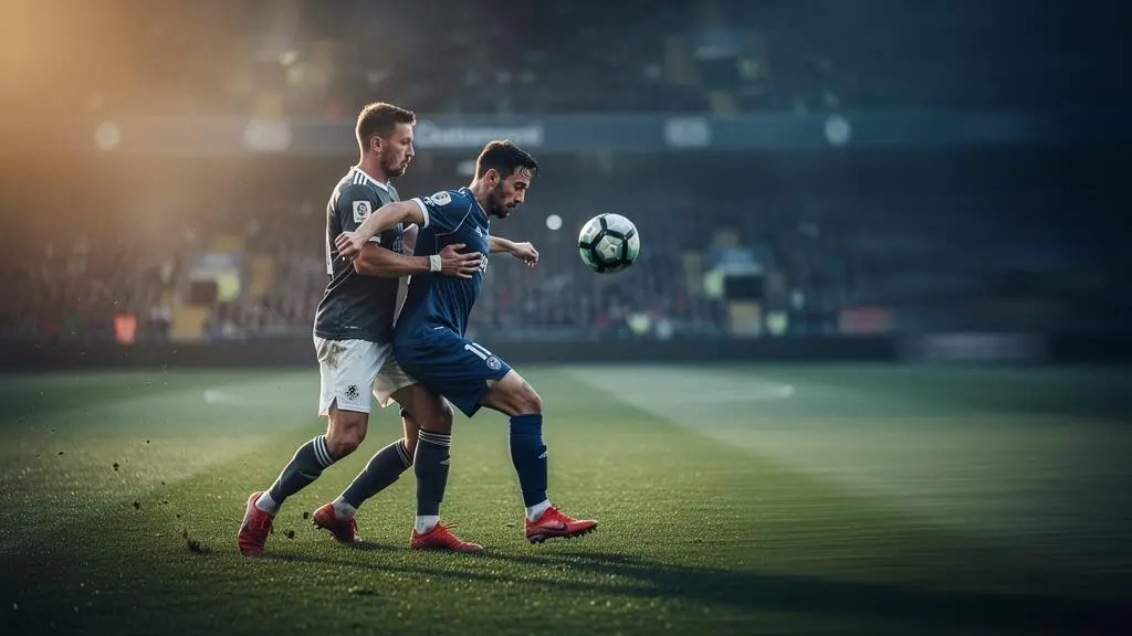 Deux joueurs de football engagés dans un duel tactique intense sur la pelouse, symbolisant la différence entre un match disputé et un match spectaculaire