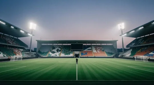 Stade de football vu en symétrie parfaite sous des projecteurs, illustrant l'équilibre des forces entre les clubs