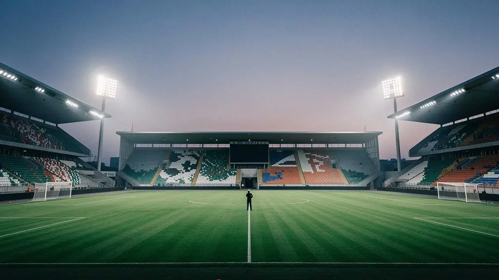 Stade de football vu en symétrie parfaite sous des projecteurs, illustrant l'équilibre des forces entre les clubs