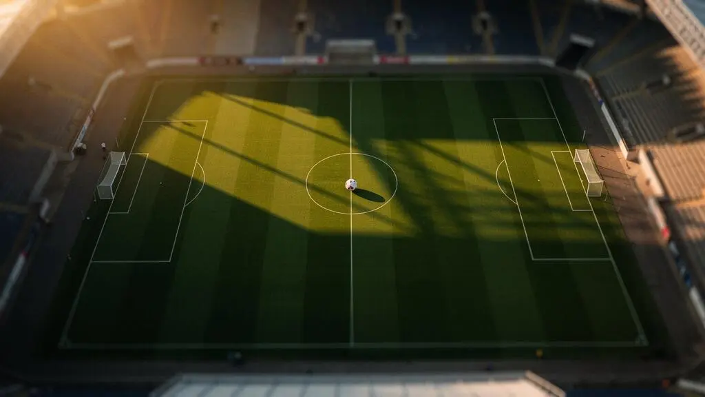 Terrain de football vu de haut au crépuscule, symbolisant l'équilibre et la justice sportive entre deux camps