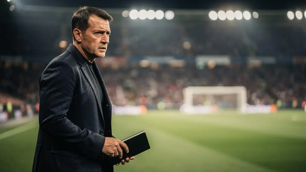 Entraîneur de football sur la ligue de touche d'un stade européen, visage tendu, observant un moment décisif de match de Ligue des Champions