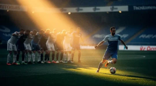 Silhouette d'un footballeur seul avec le ballon traversant une ligne de défenseurs parfaitement organisée sous les projecteurs d'un stade au crépuscule
