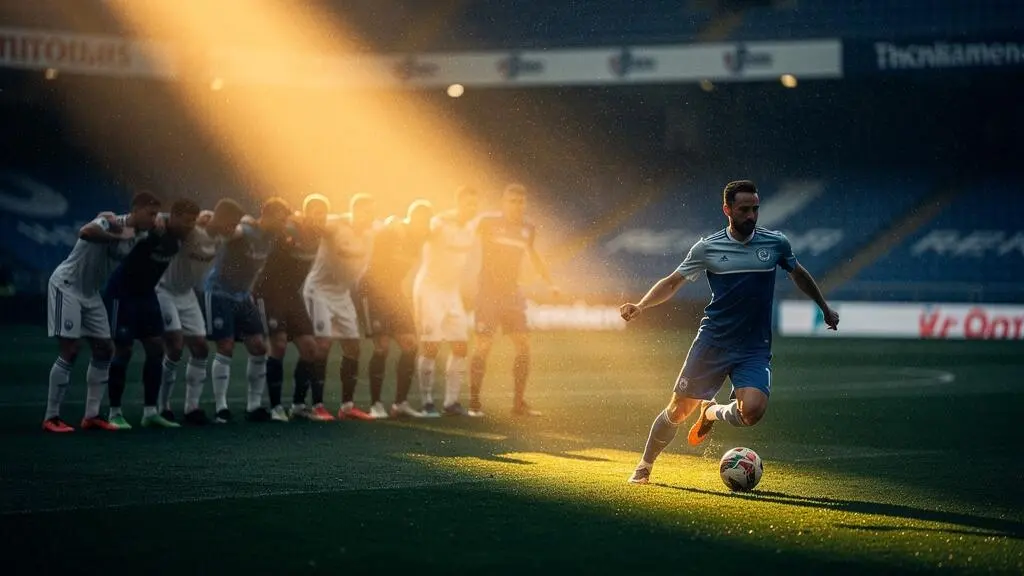 Silhouette d'un footballeur seul avec le ballon traversant une ligne de défenseurs parfaitement organisée sous les projecteurs d'un stade au crépuscule