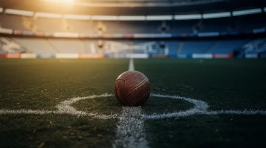 Ballon de football posé sur la ligne médiane d'un stade illuminé de nuit, symbolisant la tension entre deux manches d'une confrontation européenne