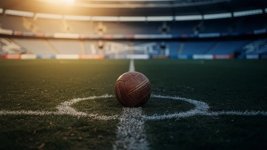 Ballon de football posé sur la ligne médiane d'un stade illuminé de nuit, symbolisant la tension entre deux manches d'une confrontation européenne