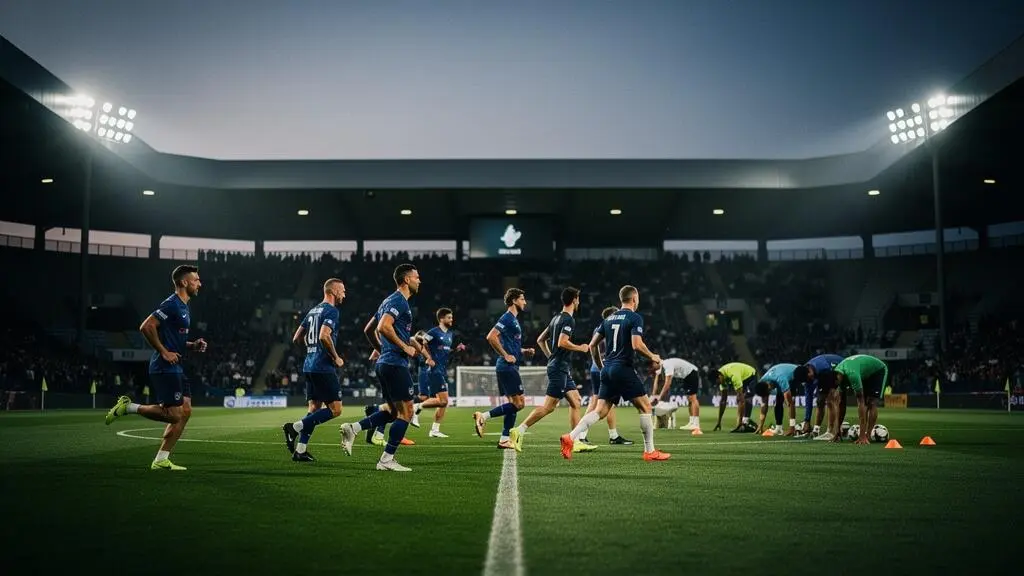 Groupe de joueurs de football professionnels à l'entraînement sous les projecteurs d'un stade, illustrant la gestion d'un large effectif avant une demi-finale européenne