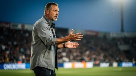 Entraîneur de football concentré donnant des consignes tactiques en bord de terrain, symbolisant la continuité d'un style de jeu au-delà des hommes
