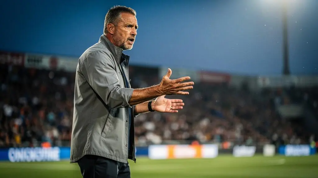 Entraîneur de football concentré donnant des consignes tactiques en bord de terrain, symbolisant la continuité d'un style de jeu au-delà des hommes