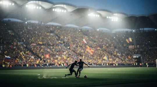 Stade de football anglais noyé sous les projecteurs et la pluie, symbole de l'intensité de la Premier League