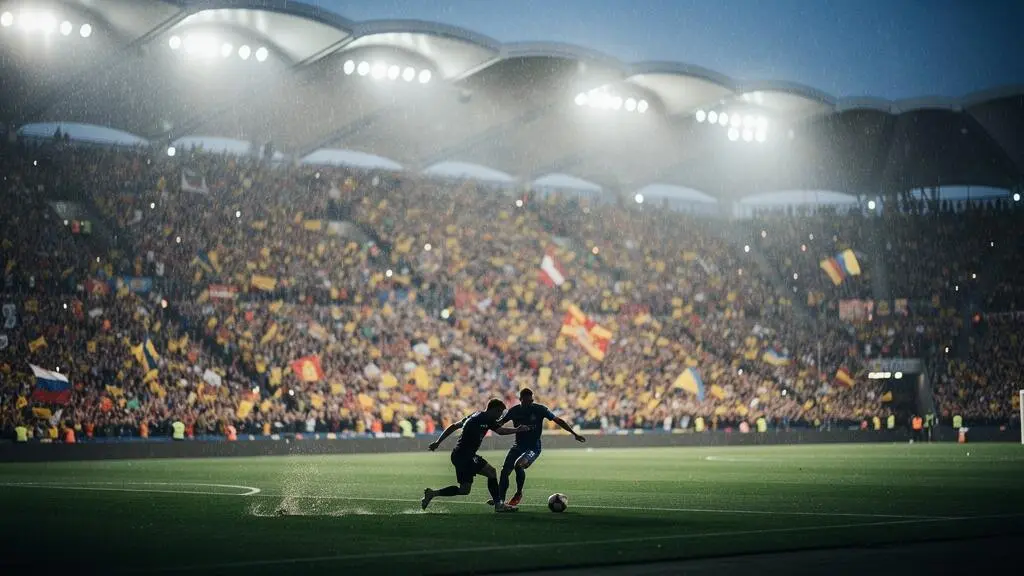 Stade de football anglais noyé sous les projecteurs et la pluie, symbole de l'intensité de la Premier League