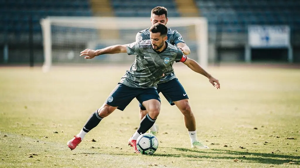Joueur de football espagnol protégeant le ballon avec son corps face à un adversaire qui presse intensément