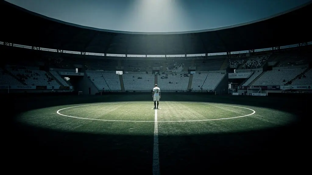 Un joueur de football seul au centre d'un stade vide et sombre, symbolisant l'absence de filet de sécurité en match à élimination directe