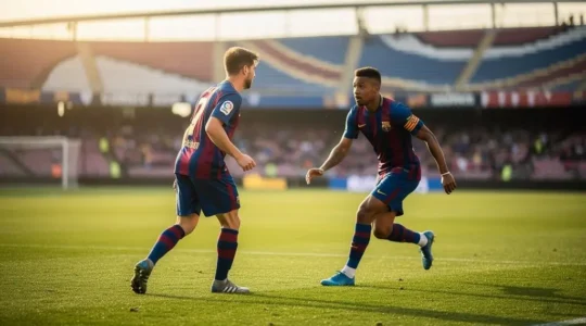 Deux joueurs de football synchronises sur le terrain evoquant une connexion tactique silencieuse