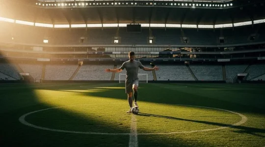 Milieu de terrain seul au centre d'un stade vide, symbolisant le rôle disparu du regista dans le football moderne