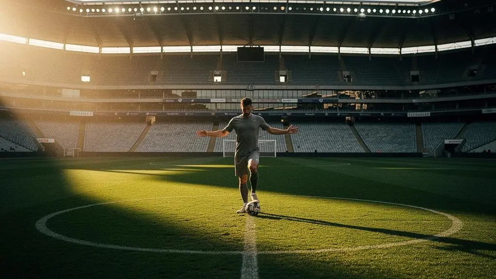 Milieu de terrain seul au centre d'un stade vide, symbolisant le rôle disparu du regista dans le football moderne