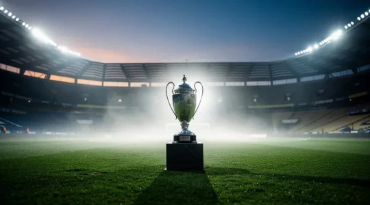 Trophée de la Ligue des Champions mis en lumière dans un stade européen embrumé au crépuscule, symbole d'une légende sportive éternelle