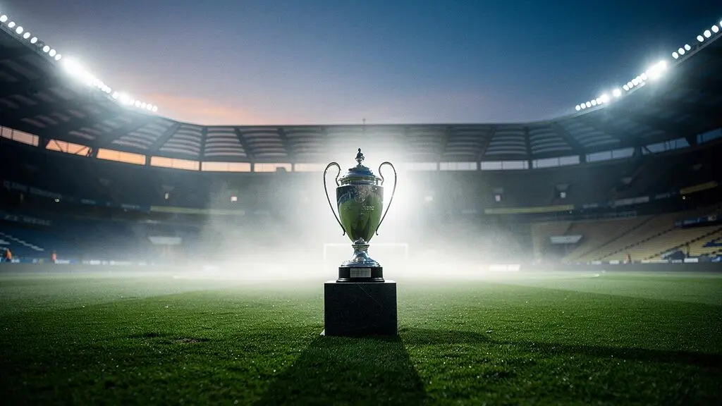 Trophée de la Ligue des Champions mis en lumière dans un stade européen embrumé au crépuscule, symbole d'une légende sportive éternelle