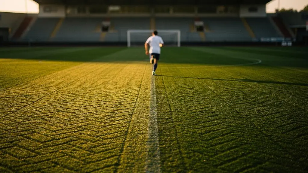 Ligne virtuelle de hors-jeu traversant une pelouse de football au crépuscule, symbole d'une règle centenaire toujours contestée