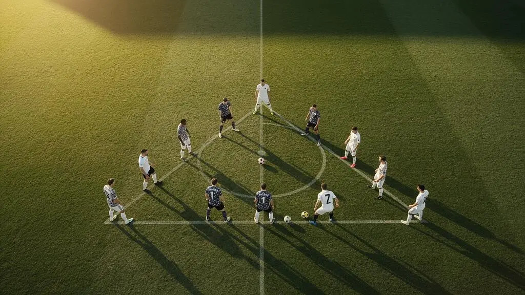 Vue aérienne d'un terrain de football illustrant une organisation collective précise autour du ballon, symbole de la possession maîtrisée