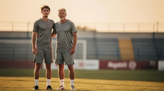 Un jeune joueur et un cadre experimente d'une equipe de football cote a cote sur le terrain, symbole du melange entre jeunesse et experience