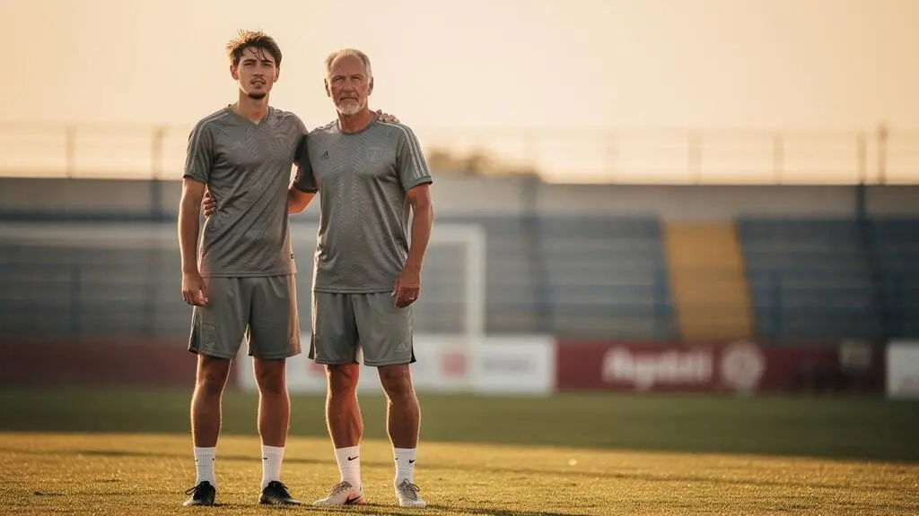 Un jeune joueur et un cadre experimente d'une equipe de football cote a cote sur le terrain, symbole du melange entre jeunesse et experience