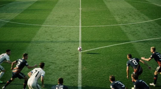 Ballon de football filant en trajectoire tendue vers un espace vide entre deux lignes de joueurs flous sur un terrain vu de haut
