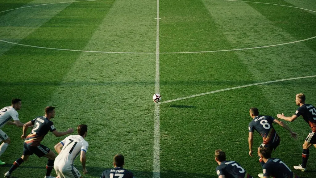 Ballon de football filant en trajectoire tendue vers un espace vide entre deux lignes de joueurs flous sur un terrain vu de haut