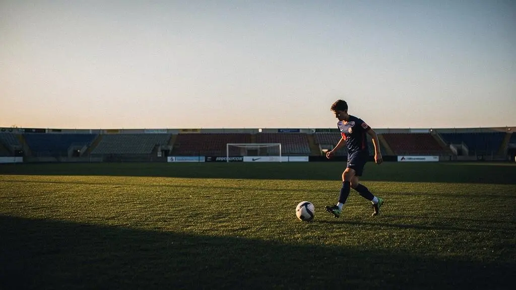 Jeune footballeur silhouette en pleine action sur un terrain d'entraînement baigné de lumière dorée, symbolisant un talent en devenir