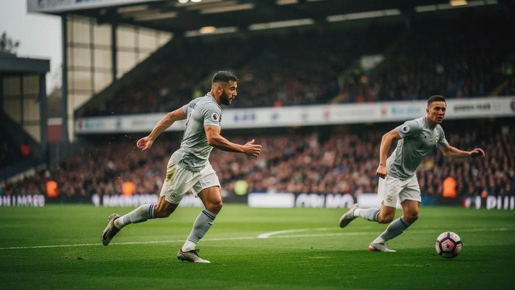 Joueur de Premier League lancé dans un sprint de pressing sur une pelouse baignée de lumière, symbolisant l'intensité physique du pressing haut sur 90 minutes