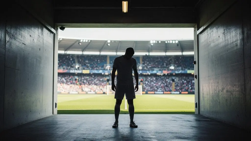 Joueur de football seul dans le tunnel d'un stade, tête baissée, avant un match décisif de Ligue des Champions