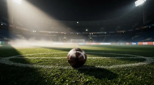 Ballon de football solitaire posé au centre d'un stade vide baigné d'une lumière dramatique, symbolisant la pression d'un match à élimination directe