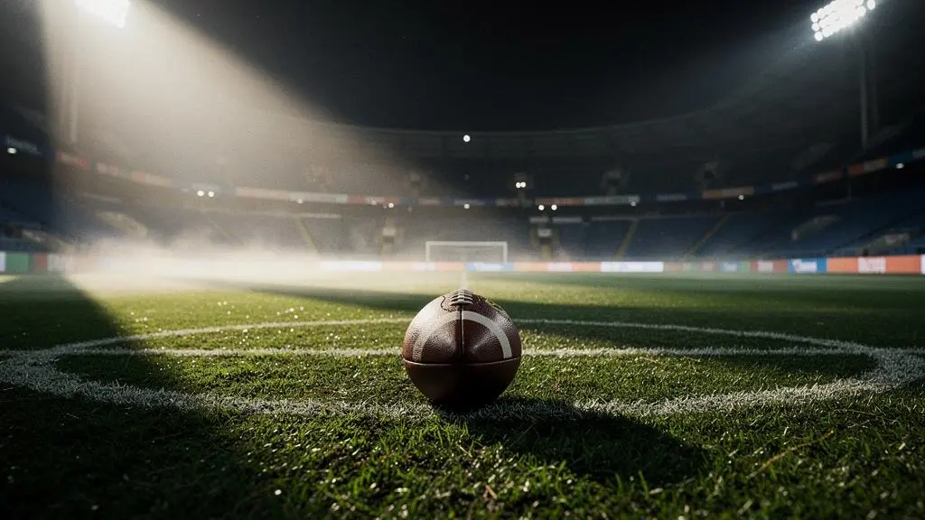Ballon de football solitaire posé au centre d'un stade vide baigné d'une lumière dramatique, symbolisant la pression d'un match à élimination directe