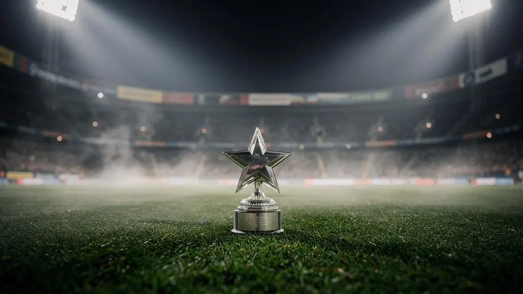 Trophee emblematique de competition europeenne de football illumine sous les projecteurs d'un stade nocturne, symbole du prestige continental
