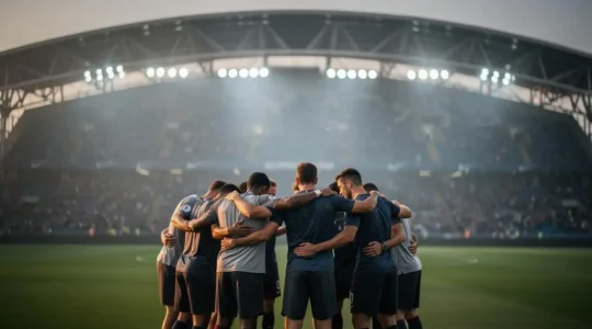 Un groupe de joueurs de football en cercle uni sur un terrain d'entraînement, contrastant avec un stade grandiose et flou en arrière-plan, symbolisant la force du collectif face aux stars individuelles.