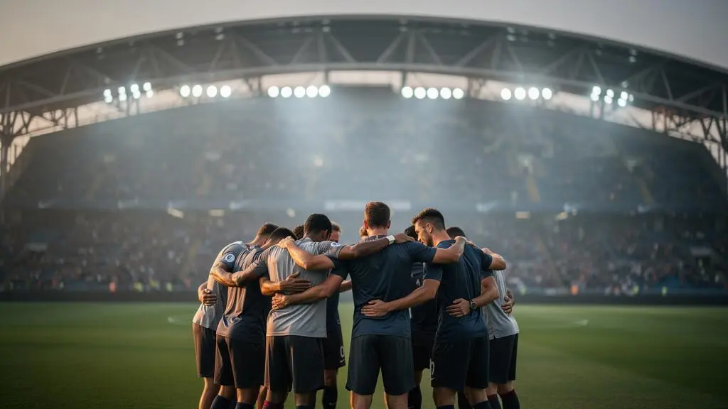 Un groupe de joueurs de football en cercle uni sur un terrain d'entraînement, contrastant avec un stade grandiose et flou en arrière-plan, symbolisant la force du collectif face aux stars individuelles.