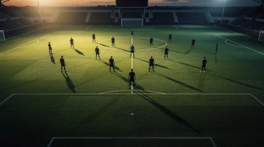 Vue aérienne stylisée d'un terrain de football illustrant la géométrie des schémas tactiques utilisés en Europe