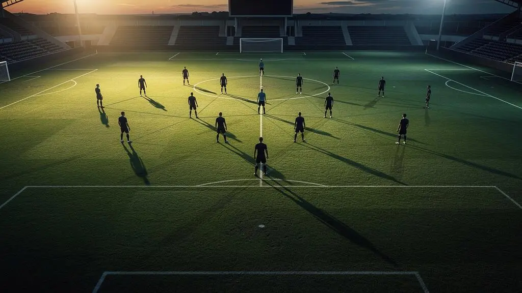 Vue aérienne stylisée d'un terrain de football illustrant la géométrie des schémas tactiques utilisés en Europe
