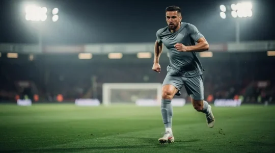 Joueur de football professionnel en plein sprint sur une pelouse anglaise sous les projecteurs du stade, illustrant l'intensité physique de la Premier League